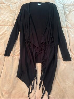 VENUS Black Open-Front Fringe Cardigan Sweater